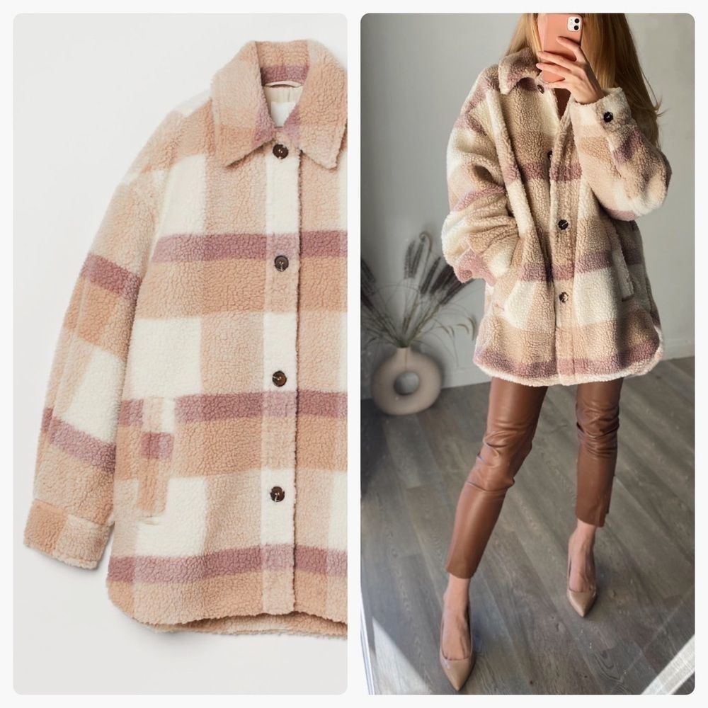 H&M Plaid Pastel Colors Faux Shearling Jacket Lined Warm - Picture 9 of 14